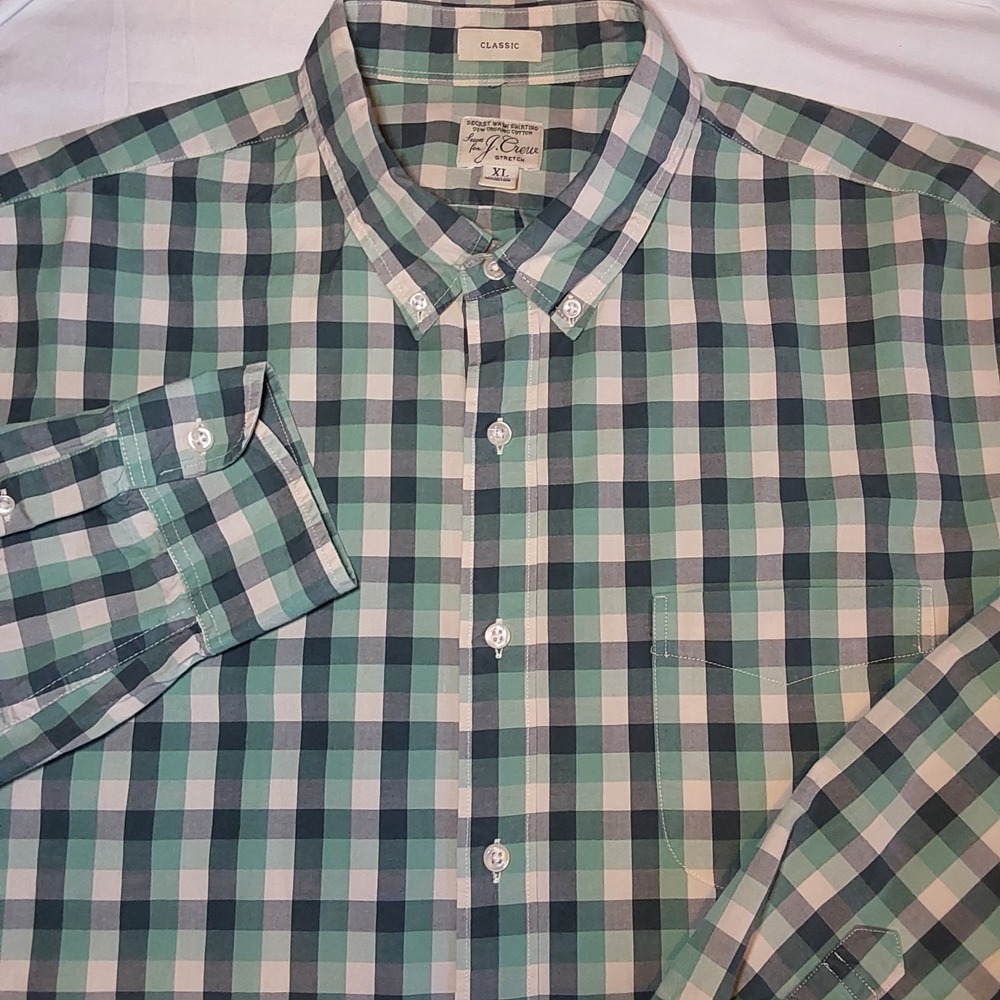 J Crew Mens XL Stretch Secret Wash Organic Cotton Poplin‎ Green Check Dres Shirt